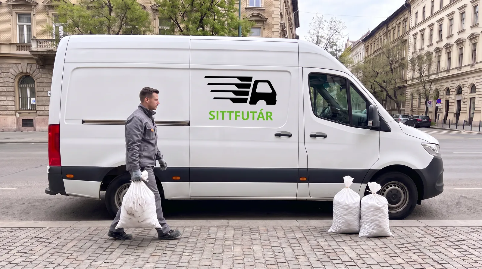 Sittfutár furgon egy budapesti utcán, munkatárs zsákos sittet visz az autóhoz