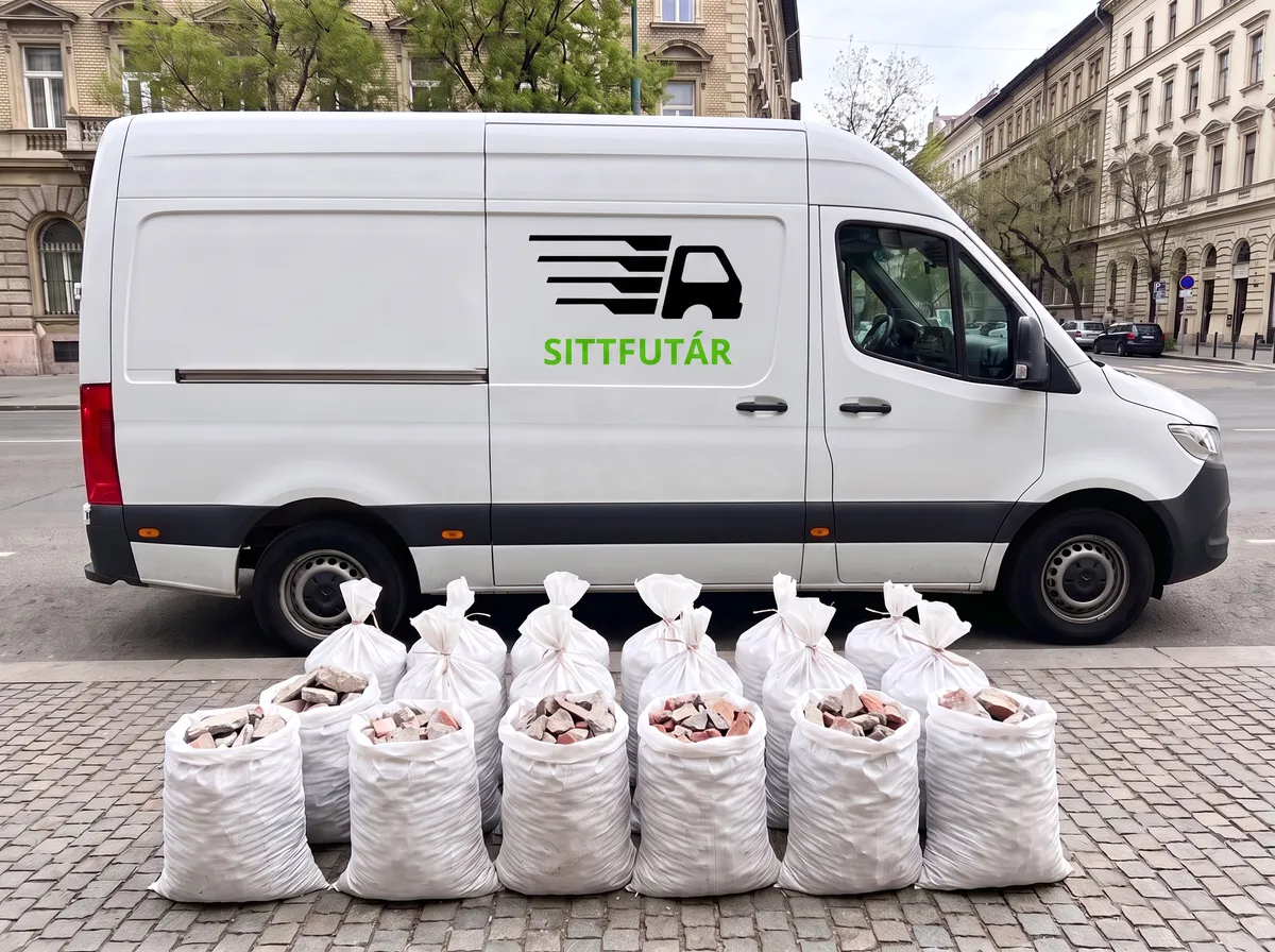 Zsákokba csomagolt építési törmelék a Sittfutár furgonja mellett